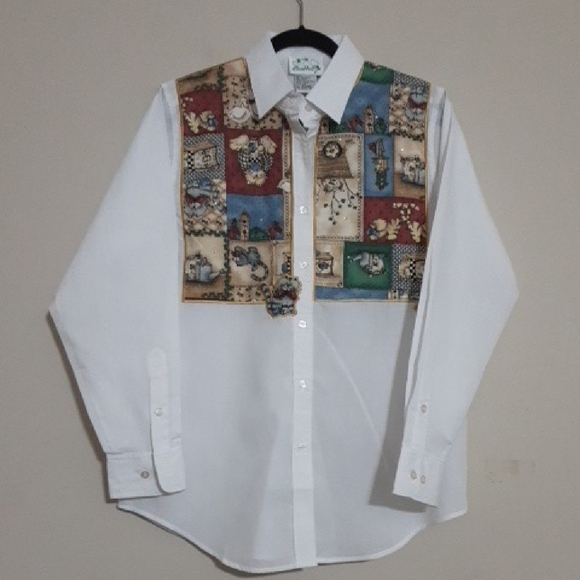 Quacker Factory Cata Kitty Women White Shirt with Multicolor Patchwork M vintage - Picture 1 of 7